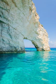 Gorgeous azure waters of blue caves on north east coast of Zakynthos island, Greece