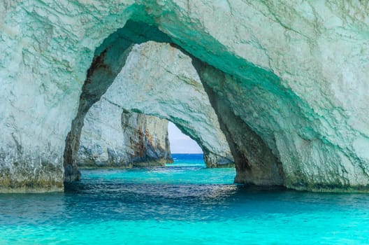 Gorgeous azure waters of blue caves on north east coast of Zakynthos island, Greece