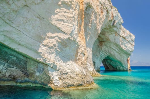 Gorgeous azure waters of blue caves on north east coast of Zakynthos island, Greece
