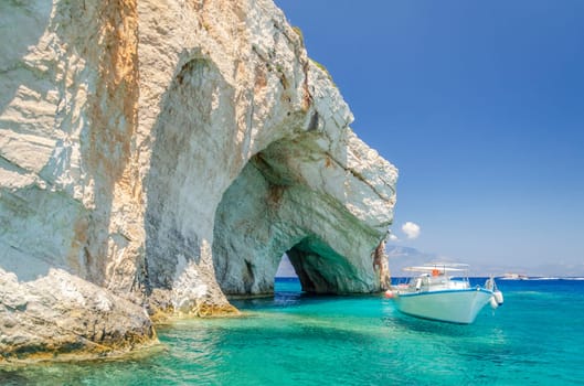 Gorgeous azure waters of blue caves on north east coast of Zakynthos island, Greece