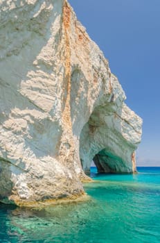 Gorgeous azure waters of blue caves on north east coast of Zakynthos island, Greece