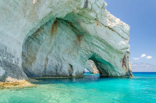 Gorgeous azure waters of blue caves on north east coast of Zakynthos island, Greece