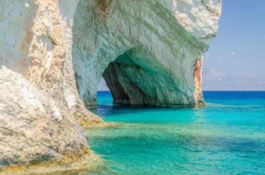 Gorgeous azure waters of blue caves on north east coast of Zakynthos island, Greece