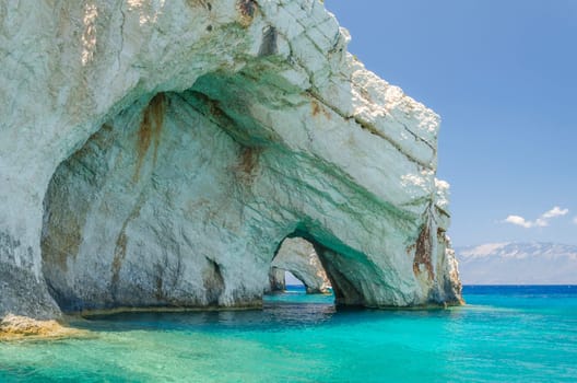 Gorgeous azure waters of blue caves on north east coast of Zakynthos island, Greece