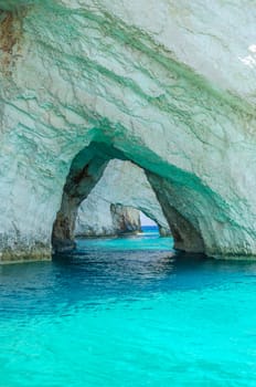 Gorgeous azure waters of blue caves on north east coast of Zakynthos island, Greece