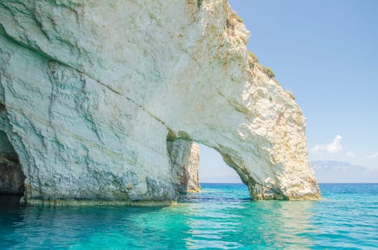 Gorgeous azure waters of blue caves on north east coast of Zakynthos island, Greece