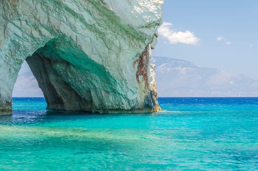 Gorgeous azure waters of blue caves on north east coast of Zakynthos island, Greece