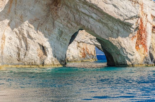 Gorgeous azure waters of blue caves on north east coast of Zakynthos island, Greece