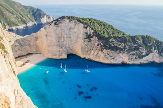 Picturesque Navagio beach with famous shipwreck on north west coast of Zakynthos island, Greece