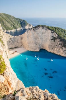 Picturesque Navagio beach with famous shipwreck on north west coast of Zakynthos island, Greece