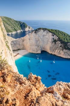 Picturesque Navagio beach with famous shipwreck on north west coast of Zakynthos island, Greece