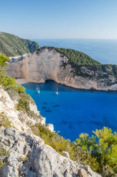 Picturesque Navagio beach with famous shipwreck on north west coast of Zakynthos island, Greece