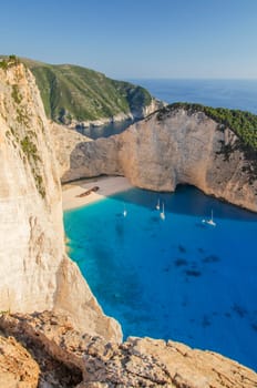 Picturesque Navagio beach with famous shipwreck on north west coast of Zakynthos island, Greece