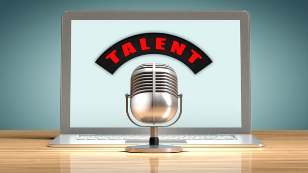 Laptop in front of a vintage microphone. Metaphor on talent recruitment through the internet.