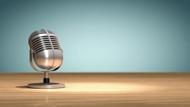 Vintage microphone placed on a wooden table and oriented to record the sound