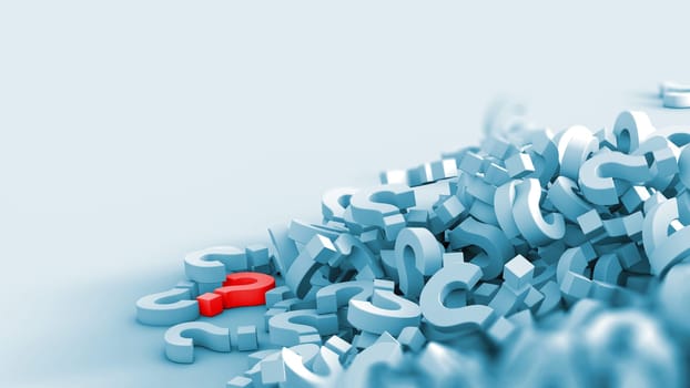 Several question marks fallen and piled up. One is red.