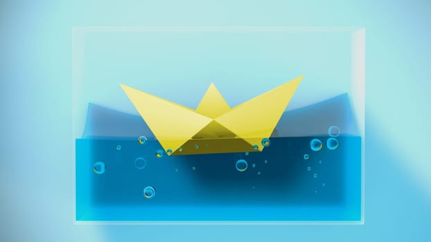 Paper folded boat sailing. 3D Rendering. Concept illustration.
