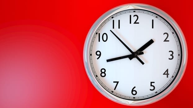 Kitchen clock on a red wall. 3D Rendering