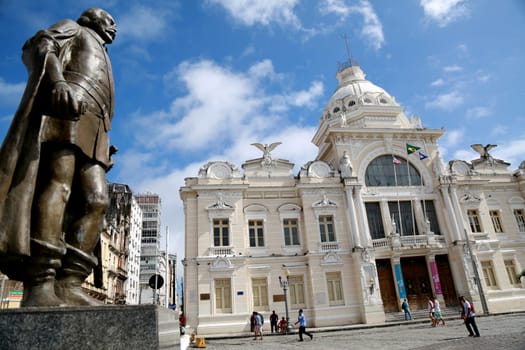 salvador, bahia / brazil - may 23, 2015: Statue of Tome de Sousa is seen next to the Rio Branco Palace in the Historic Center of the city of Salvador.