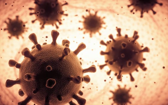 Covid-19, Coronavirus. Several covid-19 viruses infecting the human organism. Concept image of the virus inside human cells.