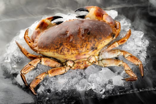 Fresh oyster serve with lemon in basket on black stone plate. Fresh seafood food and european cuisine gourmet concept.