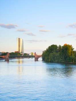 Main river and Central European Bank building. Frankfurt, Germany