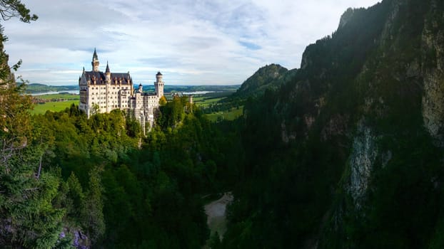 Neuschwanstein Castle in Schwangau, Germany with dark forest and rocks in foreground