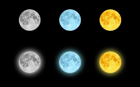 Set of monochrome, blue and yellow glowing full planet moon isolated on black