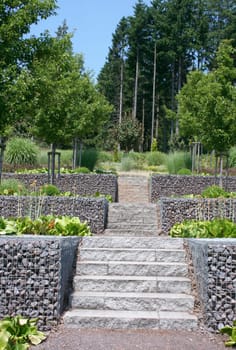A straight running stone staircase .