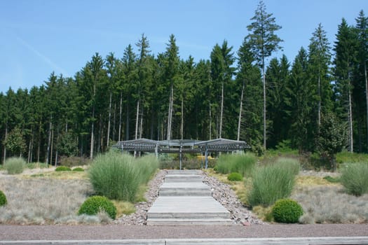 A covered rest area before tall trees .