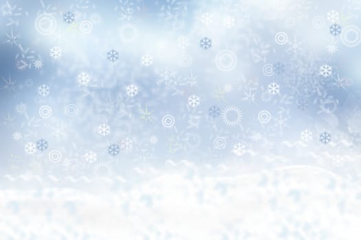 Christmas card template. Abstract festive natural light blue white winter christmas landscape background texture with blue sky and bokeh lighted snowflakes and stars. Beautiful card design.