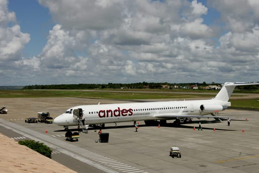 porto seguro, bahia / brazil - february 8, 2011: McDonnell Douglas MD-83 aircraft of the Andes Lineas Aereas company is seen in the airport courtyard of the city of Porto Seguro, in southern Bahia..