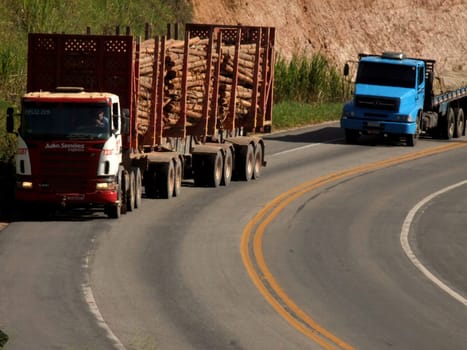 eunapolis, bahia / brazil - april 5, 2011: eucalyptus wood transport cart is seen traveling on highway BR 101 in the city of eunapolis, in southern Bahia.