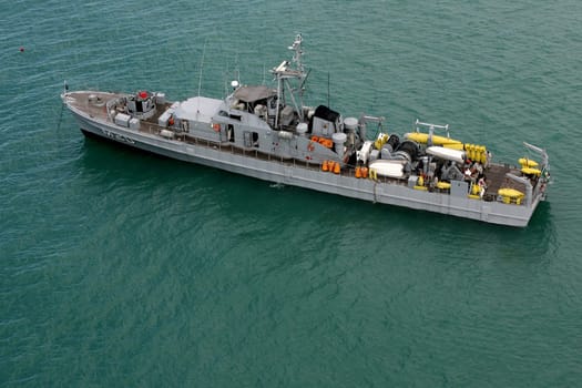 porto seguro, bahia / brazil - february 8, 2011: NV Albardao (M-20) class sweeper ship Aratu, from the Brazilian Navy is seen at sea in the city of Porto Seguro......