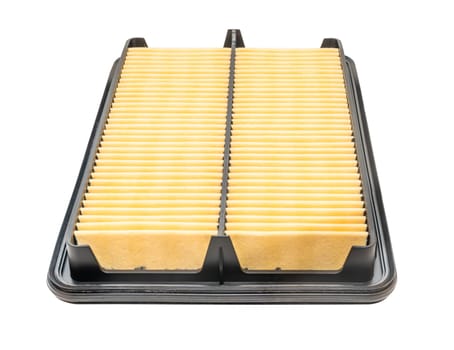 Close up new square car air filter on a white background