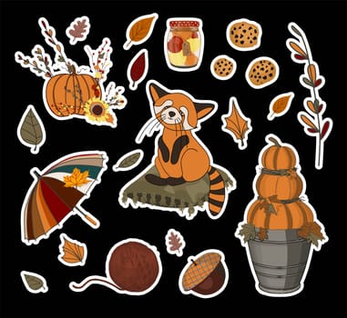 Vector autumn set of stickers. Umbrella and falling leaves. Autumn leaves. Children's print for textiles and clothing. Product design
