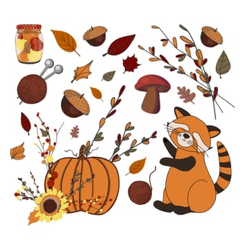 Vector set of autumn icons. Autumn composition. Stickers. Cute red panda. Pumpkin. Harvest. Thanksgiving Day. Illustration isolated on white background.