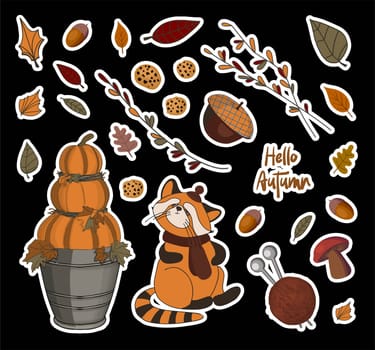 Vector autumn set of stickers. PUMPKINS AND BRANCHES. Autumn leaves. Children's print for textiles and clothing. Product design.