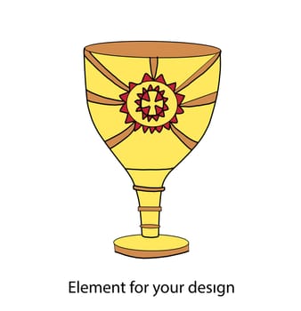 Gold goblet for wine. The glass is metallic yellow. Vector emblem