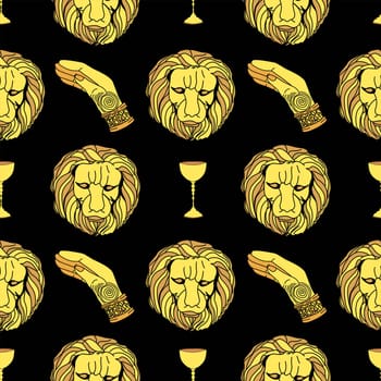 Vector pattern mysticism and magic. Lion head and golden hand. Black background. Halloween background