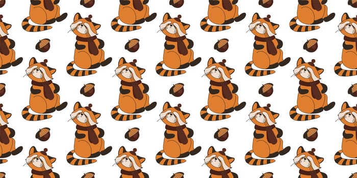 CUTE SEAMLESS AUTUMN PATTERN. AUTUMN ANIMALS. Hello, Autumn. CHILDREN'S ROOM AND TEXTILE DESIGN. RED PANDA ON A WHITE BACKGROUND.