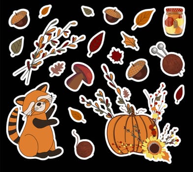 Vector autumn set of stickers. Umbrella and falling leaves. Autumn leaves. Children's print for textiles and clothing. Product design.