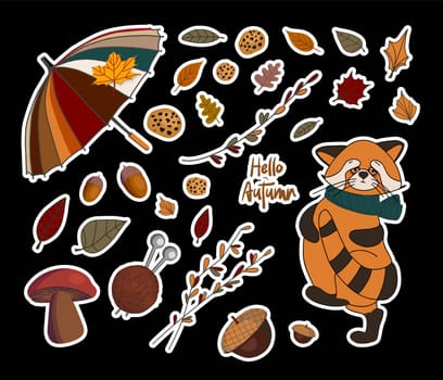 Vector autumn stickers. PUMPKINS AND BRANCHES. Autumn leaves. Children's print for textiles and clothing. Product design.