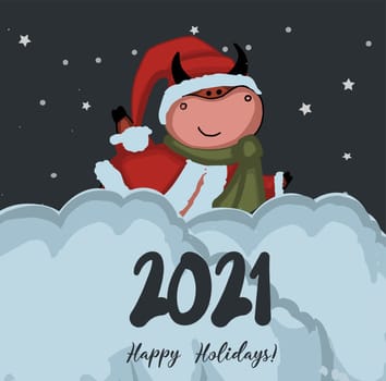 Christmas card 2021. Winter landscape. Vector illustration. new year poster. Year of the ox or bull. Bull character