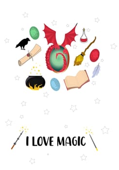 I love magic. Postcard with magic items. MYSTERY AND MAGIC.