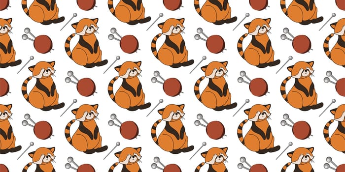 CUTE SEAMLESS AUTUMN PATTERN. AUTUMN ANIMALS. Hello, Autumn. CHILDREN'S ROOM AND TEXTILE DESIGN. RED PANDA ON A WHITE BACKGROUND.