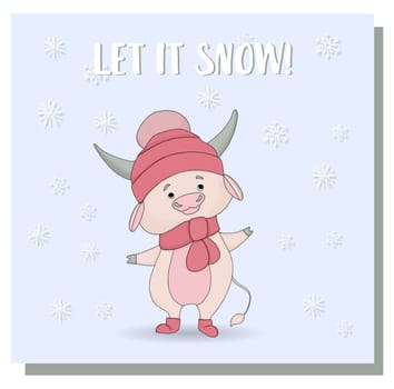 Cute bull character in a cap. Snowfall and ox.