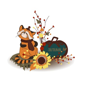Autumn composition. Autumn decor. Cute red panda. Pumpkin. Harvest. Thanksgiving Day. Illustration isolated on white background.