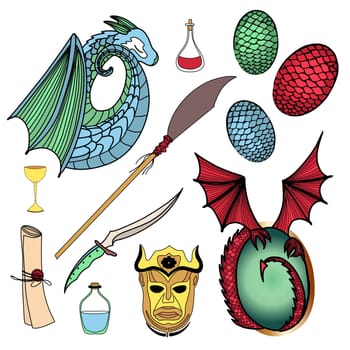 Vector set of magic icons. Dragon, dragon eggs, magic potion, harpy mask. Halberd and obsidian dagger. Illustration isolated on white background. Magic and mysticism stickers.