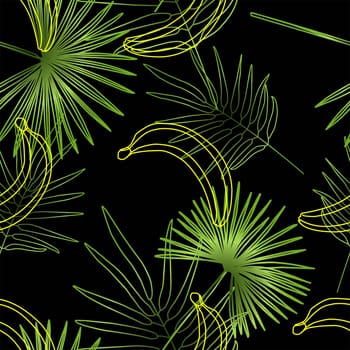 Summer print of exotic plants jungle tropical palm leaves. Banana. Pattern, seamless floral vector on a black background.Nature wallpaper. Trendy modern pattern.